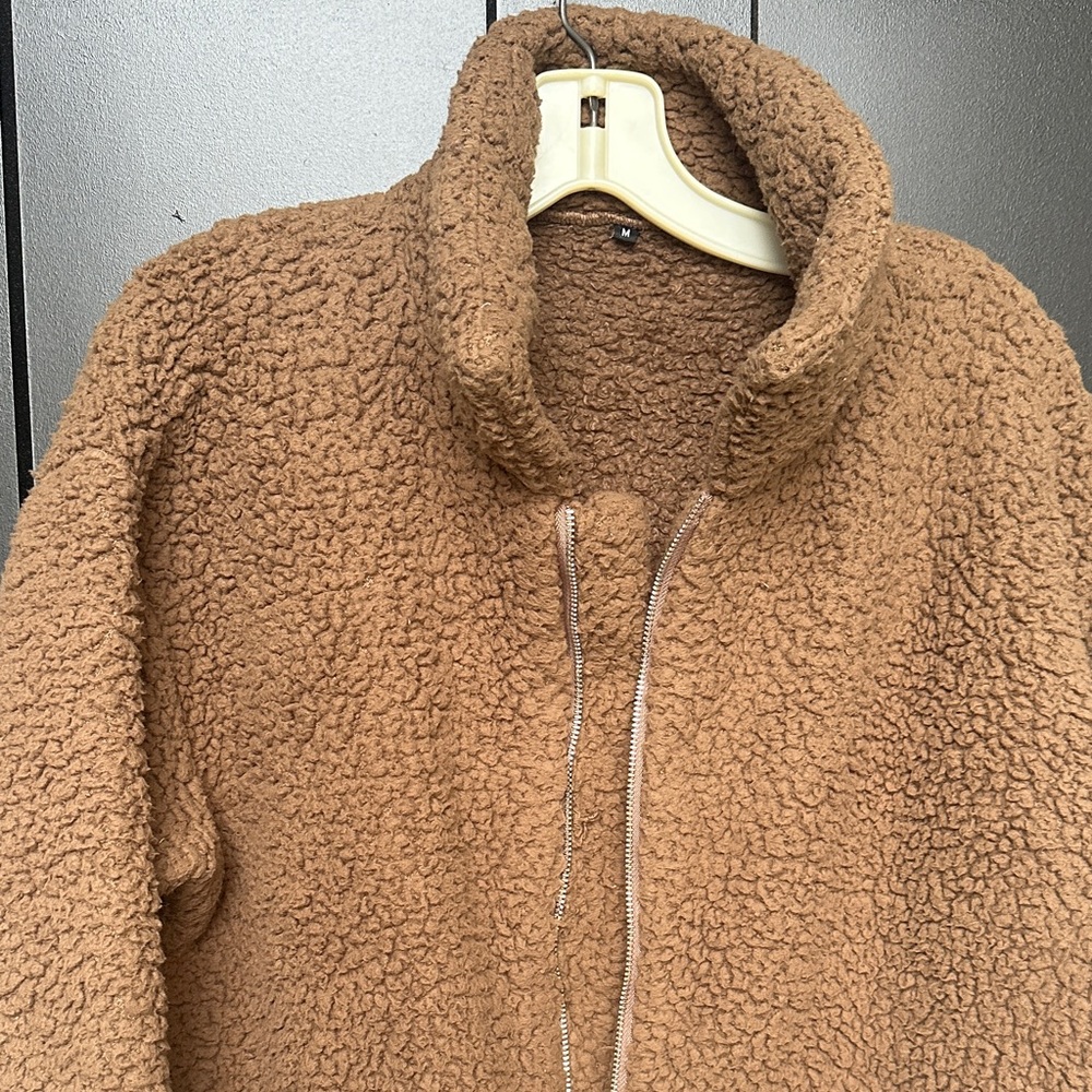 TEDDY BEAR JACKET Cozy Brown Sherpa zip pockets Layering Roomie Coat Sz M - Picture 7 of 12